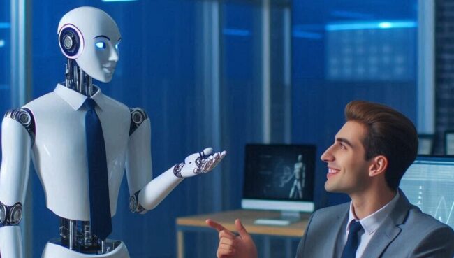 Ein Mensch und ein Roboter, die in einer Büroumgebung kommunizieren
